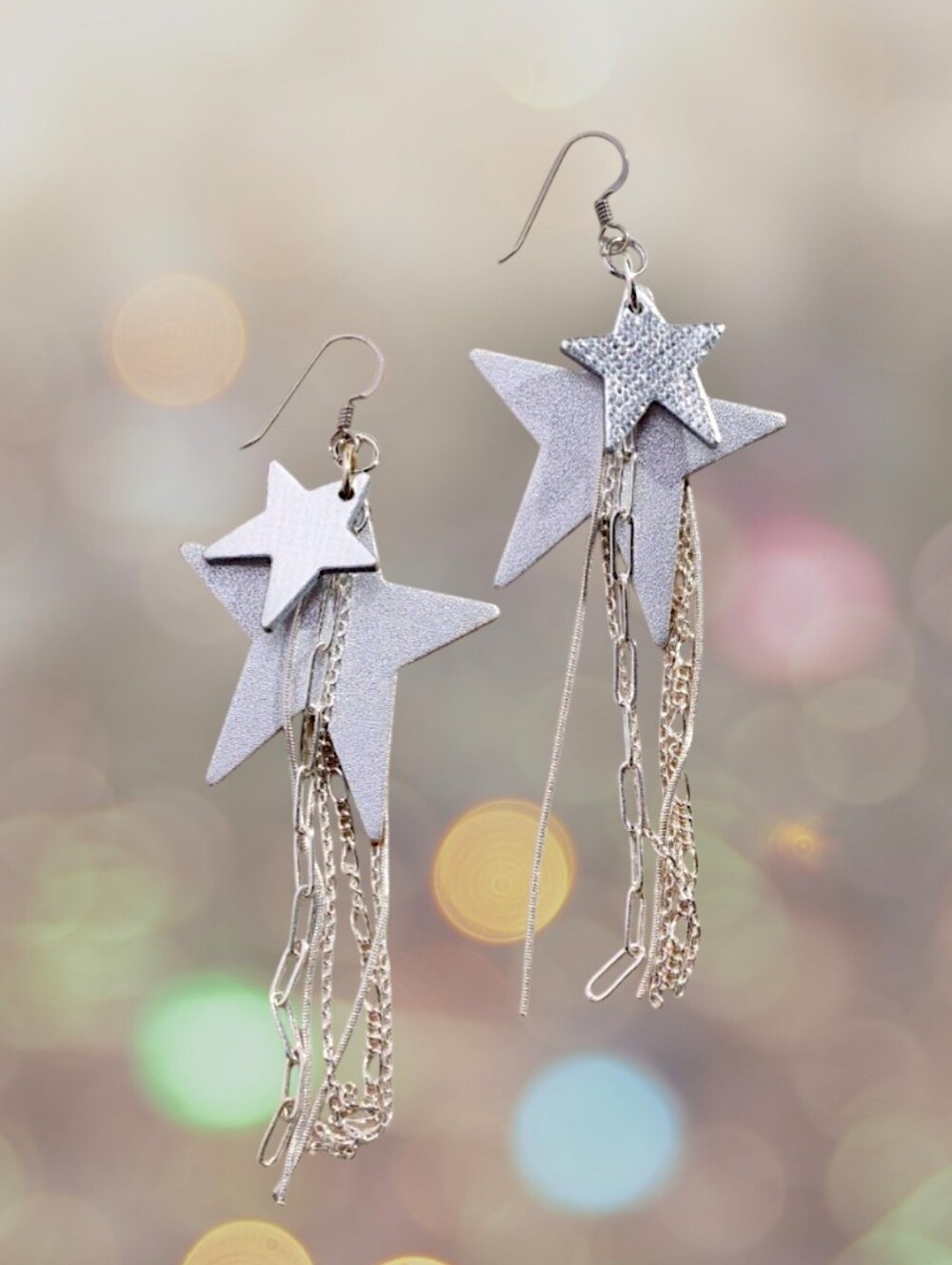 Nickel And Suede Silver Star Zeppelin Drop Earrings with Chain Fringe NEW